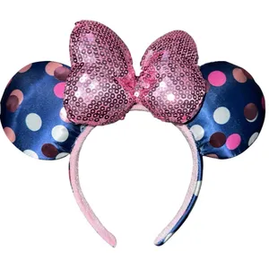 Disney Parks Minnie Mouse Navy Blue Polka Dot Ears Pink Sequin Bow Headband USA thumbnail 1