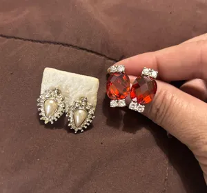 Vintage Glam Costume Earring Bundle | Faux Pearl Rhinestone + Red Statement Studs thumbnail 1