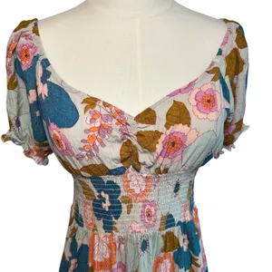 Angie Floral Smocked Boho Mini Dress Medium Cottage Indie Retro Rayon Festival thumbnail 10