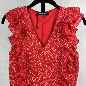 Sugar+Lips Top Womens Small Red Polka Dot Ruffle Crop Zip Up Tie Waist Blouse thumbnail 3