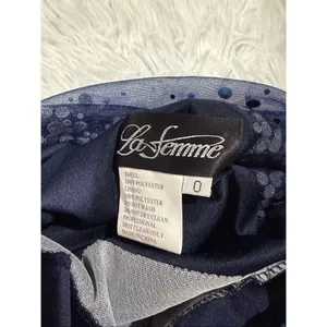 La Femme One Shoulder Sheer Rhinestone Formal Maxi Dress in Navy Blue Size 0 thumbnail 8