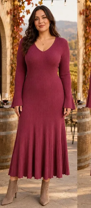 Edited x Hunter McGrady Ribbed Flare Sweater Dress Womens XL Burgundy Wine thumbnail 1