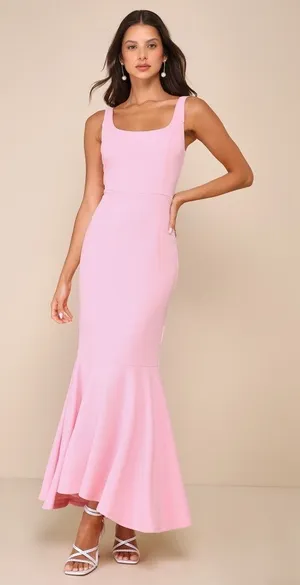 NWT Lulus Romantic Destiny Light Pink Square Neck Trumpet Dress Bridesmaid Sz M thumbnail 1