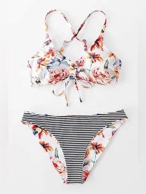 🌺Cupshe Reversible Floral & Striped Bikini Set🌺 ~medium thumbnail 2