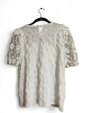Alice Blue Top XL White Floral Lace Ruffle Blouse Sheer Sleeves Stretchy thumbnail 2