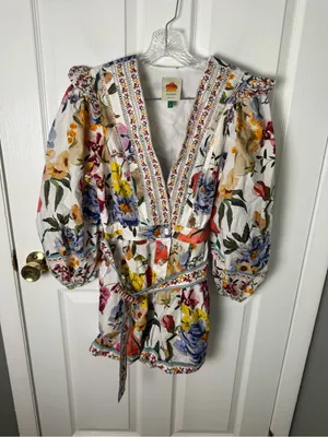 Farm Rio Greek Garden Long Sleeve Plunge Neck Cotton Romper S thumbnail 2