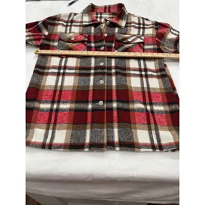 Womens Plaid Shacket Jacket Red Brown White Flannel Style Button Front Size L Size L thumbnail 3