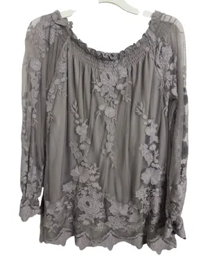 Gray Sheer Lacy Floral Long Sleeve Top M Fairy Grunge Dark Romance Bell Cuff thumbnail 1