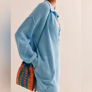 FREE PEOPLE FP BEACH Picnic Knit Sweater Dress Mini in‎ Light Blue Grey Small thumbnail 4