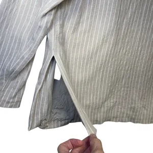 Abercrombie &‎ Fitch Womens L Tan White Striped Linen Blend Open Front Blazer thumbnail 10