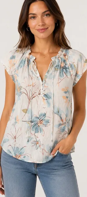 PARKER Floral Tie-Neck Cap Sleeve Top thumbnail 1