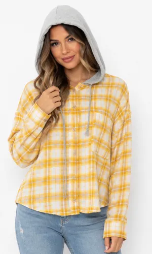 Ultra Flirt Yellow Plaid Hooded Flannel Button-Down Shirt Size XL - NWOT thumbnail 1