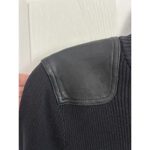 Y2K Lauren Jeans Co Black Rib Knit Crewneck Leather Patch Long Sleeve M Moto thumbnail 4