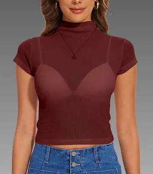 NWT Sparkly‎ Maroon See-Through Mock Neck Crop Tshirt Sz small thumbnail 1
