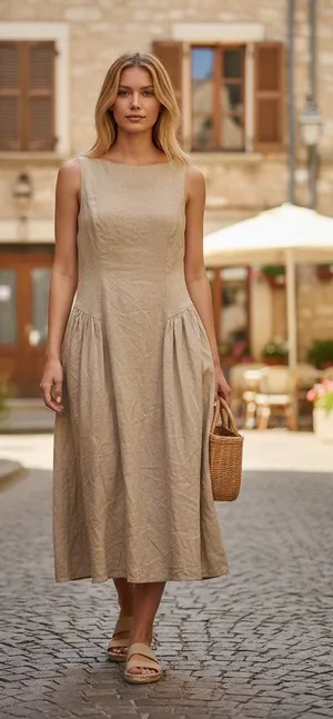 Abercrombie & Fitch Tan Beige Pleated Sleeveless Midi Dress Womens Size Large L thumbnail 1