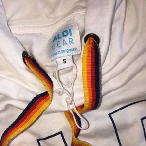 ALDI white hooded sweatshirt with multicolor detail size small thumbnail 4