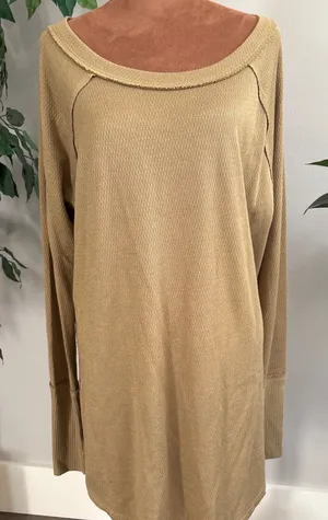 Free‎ People Tan Waffle Knit Long Sleeve Thermal Shirt Top Women's Large thumbnail 1