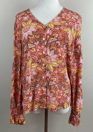 Ann Taylor LOFT Blouse Womens Small Floral Multicolor‎ V-Neck Long Sleeve Top thumbnail 1
