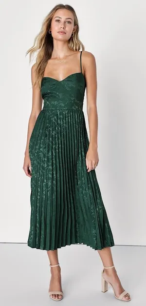 NWT Lulus Regal Romance Emerald Floral Jacquard Pleated Satin Midi Dress Size XL thumbnail 1