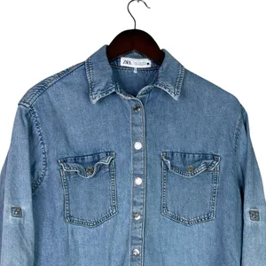 Zara Denim Snap Button Down Collard Western Style Long Sleeve Denim Shirt S Blue thumbnail 2