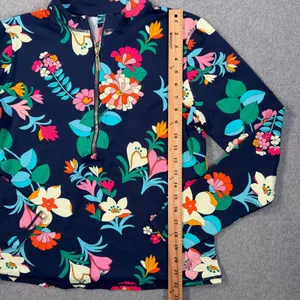 LOFT Women's Large Navy Blue Floral Long Sleeve 1/4 Zip Rash Guard Swim Top thumbnail 4