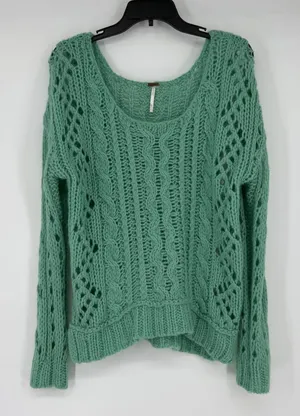 Free People‎ Green Chunky Open Knit Mohair Wool Blend Sweater Medium Womens thumbnail 1