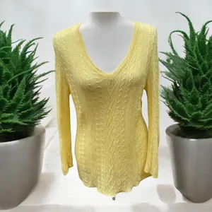 LRL Ralph Lauren citrus yellow linen sweater cable knit v-neck size Medium M thumbnail 2