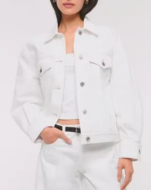 Abercrombie Womens Cropped Denim Trucker Jacket Size Medium White Utility Clean thumbnail 1