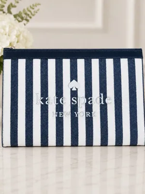 Kate Spade Blue White Stripe Canvas Zip Pouch Leather Trim NWT thumbnail 2