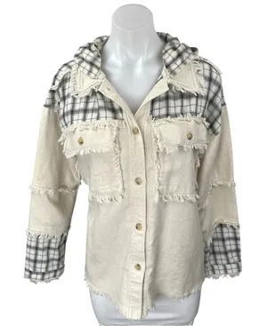 Dance & Marvel White Cream Linen Plaid Checkered Fringe Hooded Coat Jacket S thumbnail 1