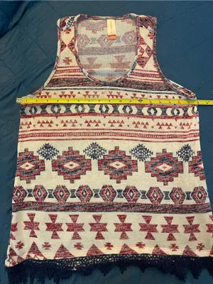 No Boundaries Aztec Print Tank Top in Cream, Red & Black with Lace Trim thumbnail 1