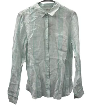 Garnet Hill Linen Light Blue & White Striped Long Sleeve Button Down Top‎ 8 NEW thumbnail 1