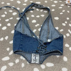 Edikted denim corset top cropped Katrina Lace Up halter scoop vneck thumbnail 6