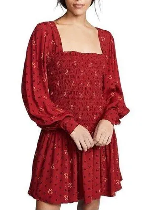 Free People Red Two Faces Printed Floral Boho Mini Dress Smocked Balloon Sleeve thumbnail 1