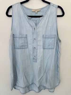 Loft Chambray Tank Top Size XL Light Wash Denim Sleeveless Shirt Pocket thumbnail 3