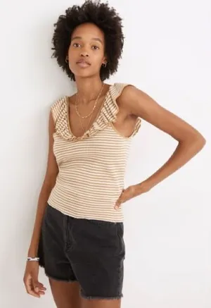 Madewell Belhaven Ruffle Sweater Tank Caramel Stripe Size‎ Large thumbnail 1