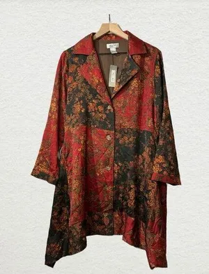 NWT Ania A VTG Floral Artsy Boho Patchwork Button Asymmetrical Red Light Jacket Size L thumbnail 1