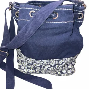 Lands’ End Navy Blue Canvas Daisy Drawstring Bucket Bag Shoulder Bag Crossbody thumbnail 3