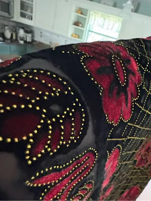 Vintage burnout velvet scarf/shawl in vibrant gold & red floral designs thumbnail 4