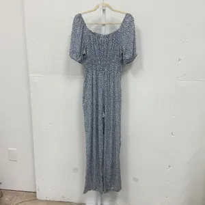 Sincerely Jules Leaf Print Smocked Waist Wide Leg Jumpsuit Medium Blue White thumbnail 2