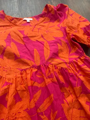 GB Women’s Pink Orange Floral Puff Sleeve Babydoll Mini Dress Size XS Tropical thumbnail 4