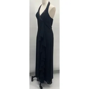 Vintage Y2k Rhinestone Halter Ball Gown V Neck Surplice Ruffle Front Black 4 thumbnail 6