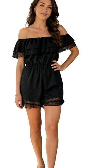Lulus Frilled to Bits Black Swiss Dot Off-the-Shoulder Romper size Medium NWT thumbnail 1