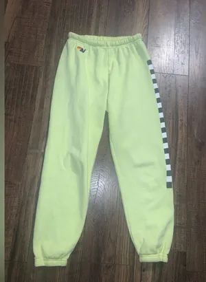 Aviator nation check Neon yellow sweatpants classic casual logo spring revolve thumbnail 3
