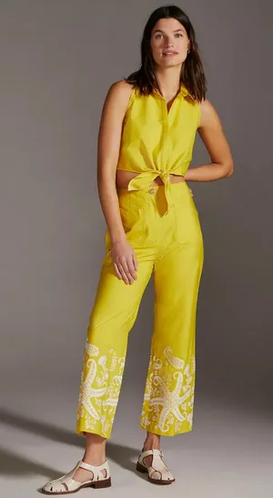 Maeve Tie Front Sleeveless Top & Embroidered Wide Leg Pant Set thumbnail 1