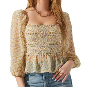 NWT ASTR THE LABEL Floral Smocked Peplum Top in Orange Purple Multi Sz. M thumbnail 1