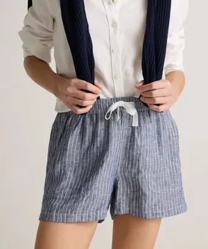 Quince Drawstring Shorts Large Blue White Striped 100% Linen Pull-On Pockets thumbnail 1