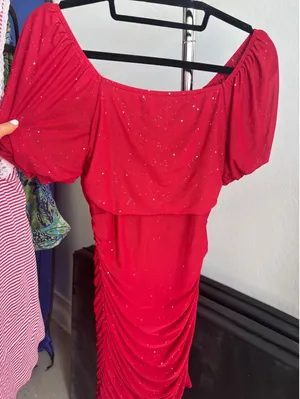 Red Glitter Ruched Mini Dress Puff Sleeve Bodycon Sparkly Cocktail Party Dress thumbnail 1