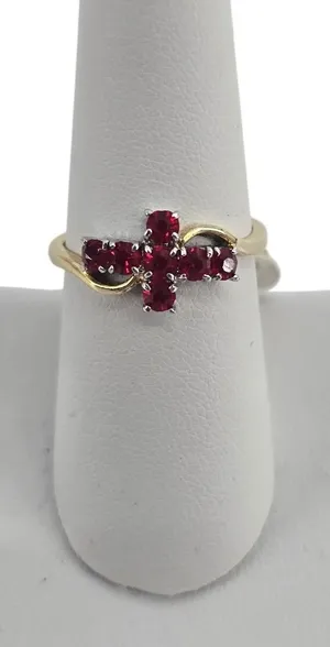 Ring Women Size 7.75 14K G.E. Red Faux Ruby Cross Gold Tone thumbnail 1
