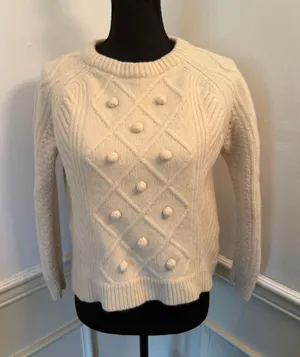 J.Crew 100% Wool Chunky Diamond Cable Knit Pom-Pom Cropped Sweater Ivory Cottage thumbnail 1